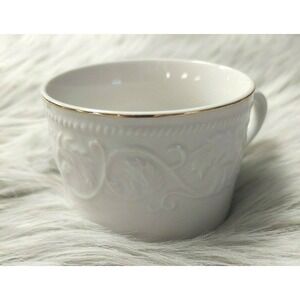 NEW Farberware Calais Coffee Cup Mug White Embossed Border Gold Rim